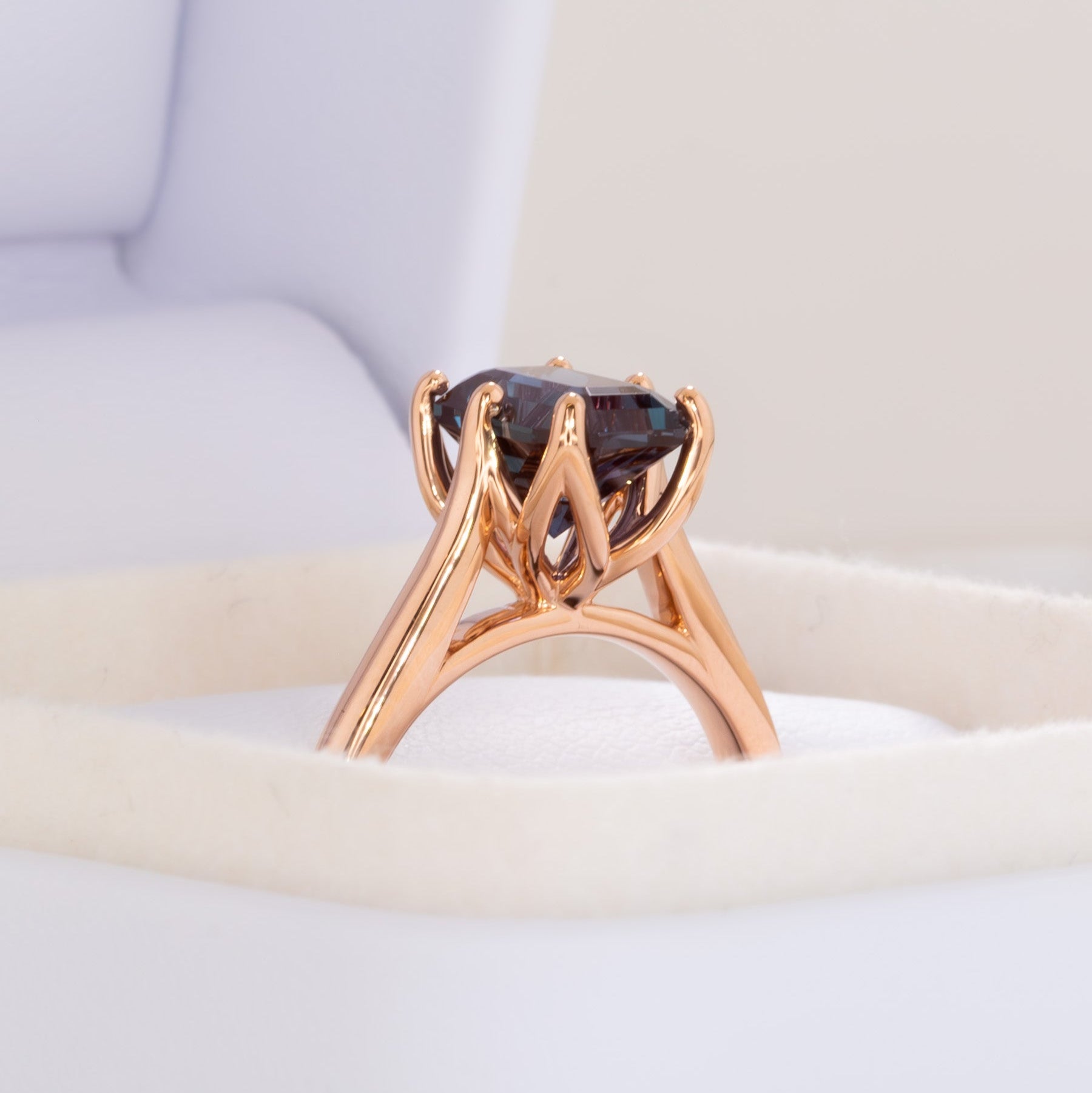 daphnis solitaire engagement ring with radiant cut lab alexandrite