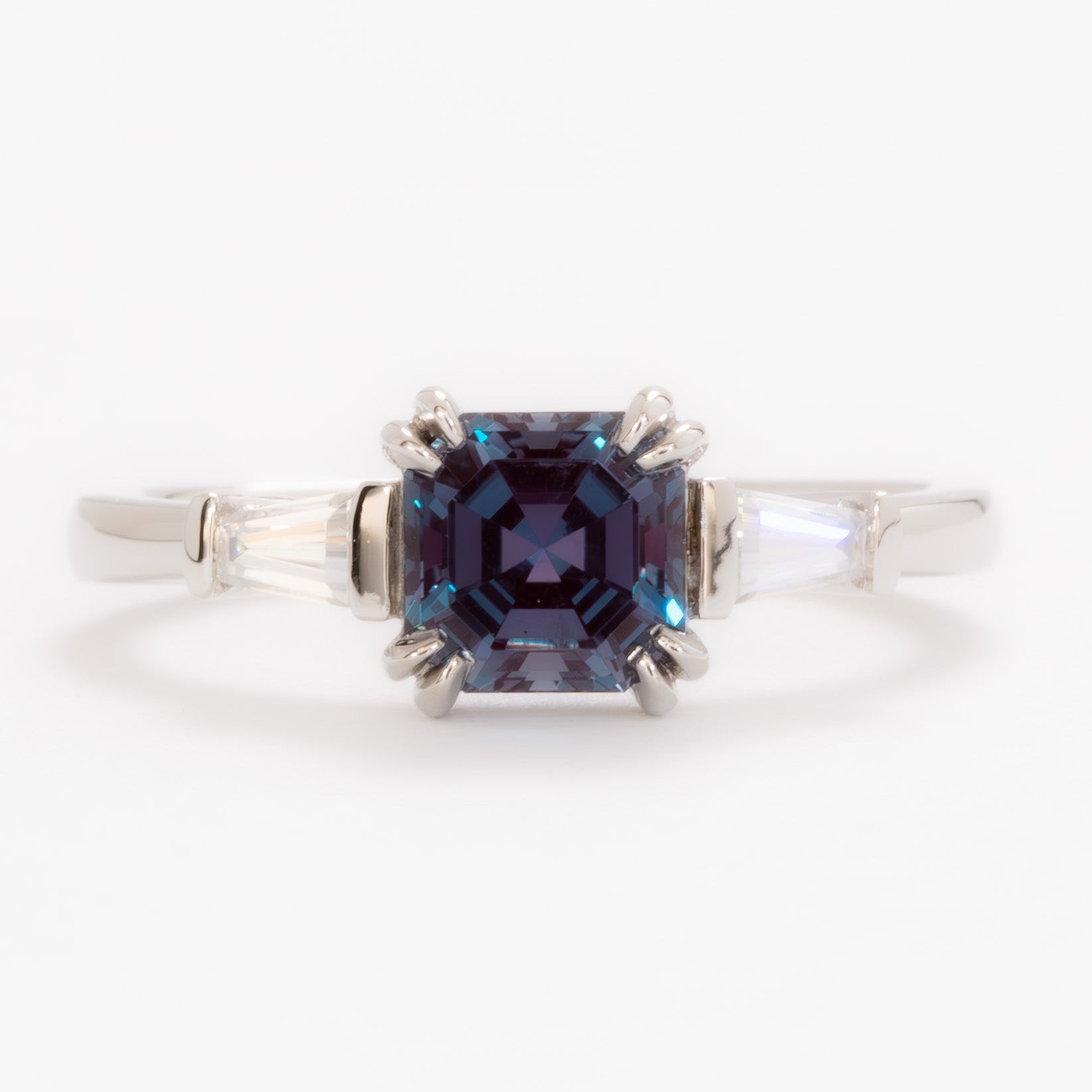 elyna three stone ring with asscher lab alexandrite
