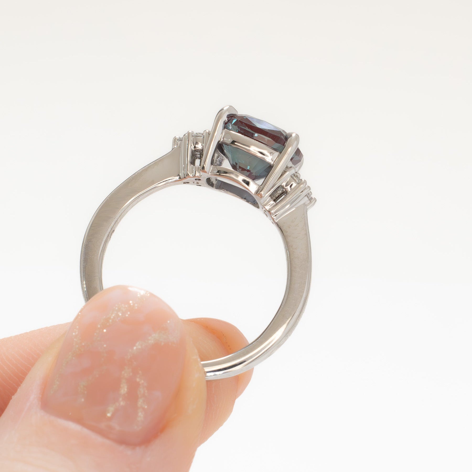esilda engagement ring in platinum with a cushion cut lab alexandrite