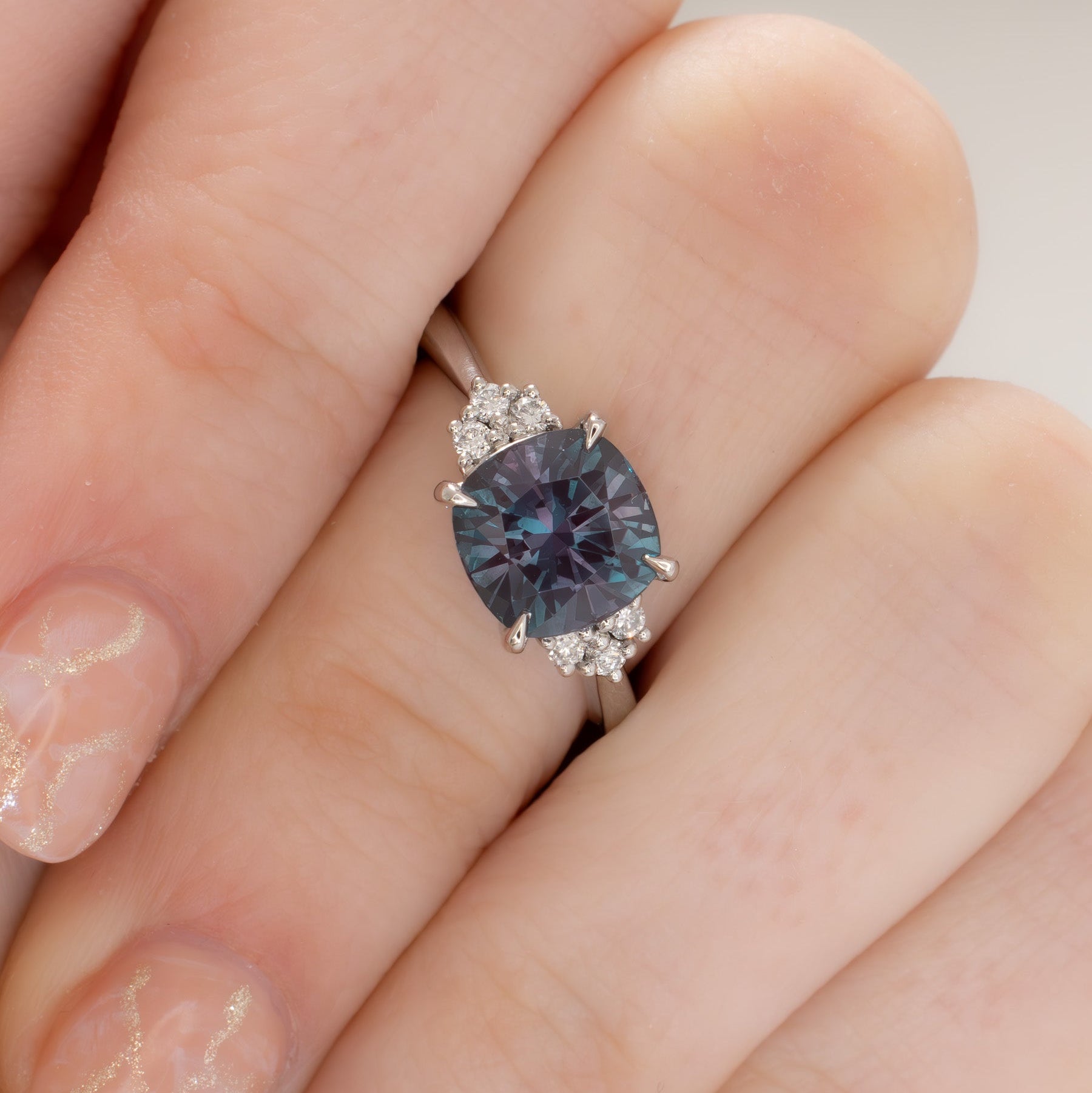 esilda engagement ring in platinum with a cushion cut lab alexandrite