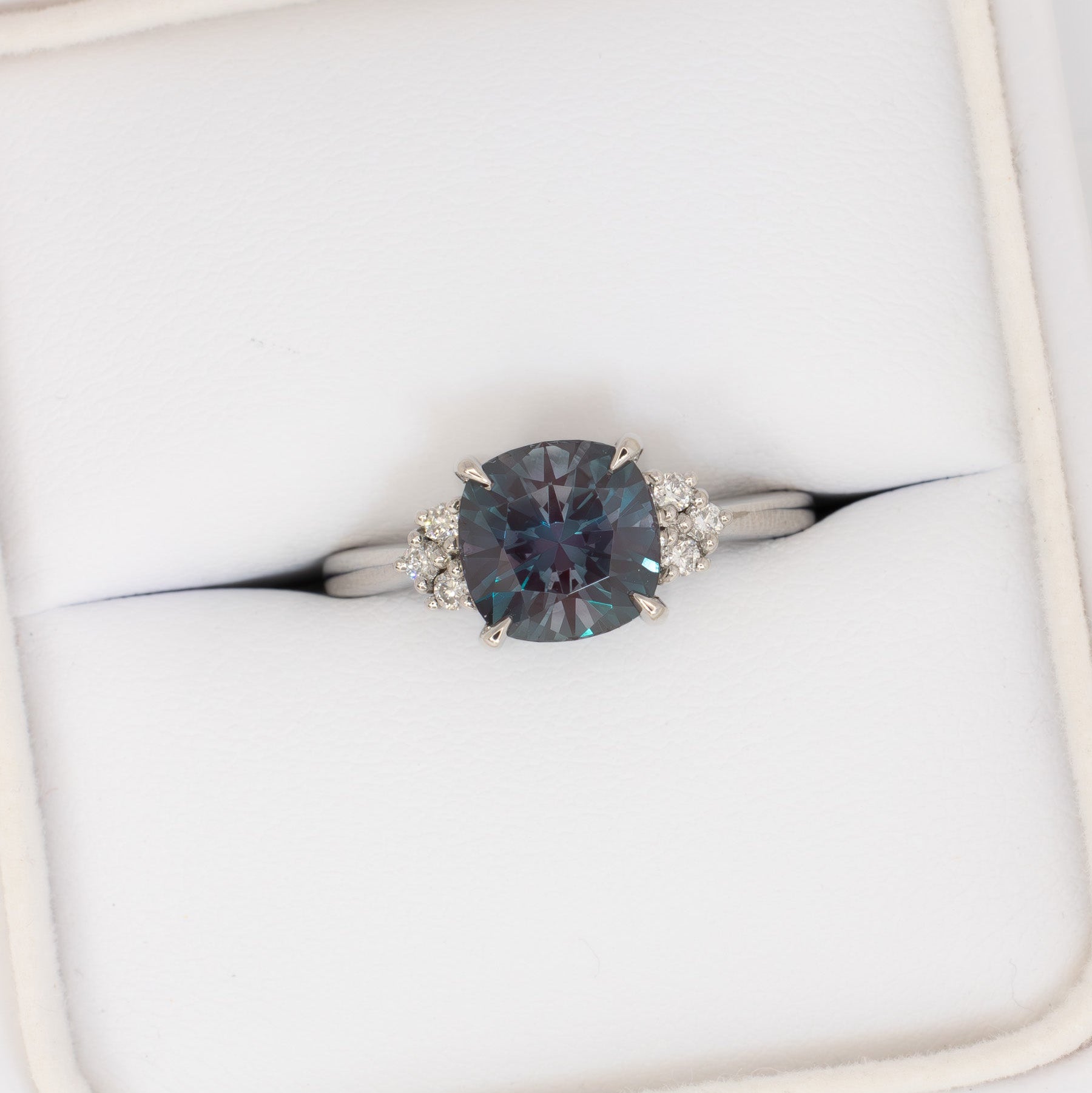 esilda engagement ring in platinum with a cushion cut lab alexandrite