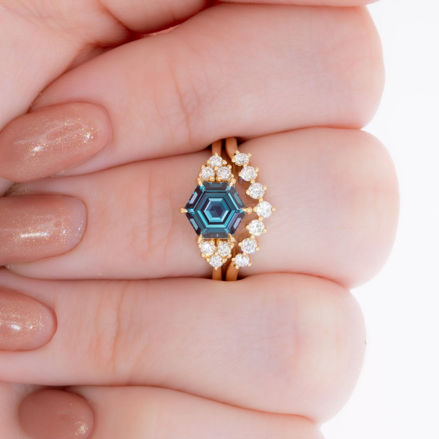 esilda wedding set with hex cut lab alexandrite