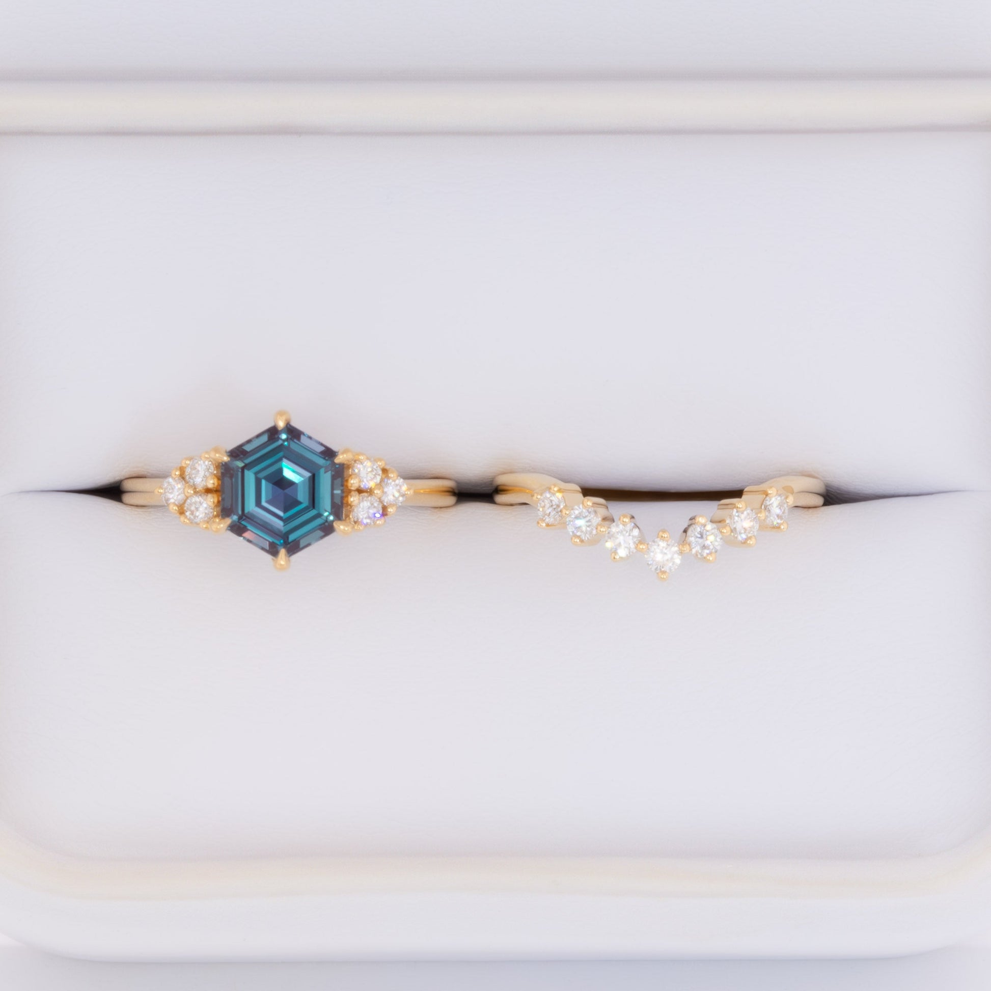 esilda wedding set with hex cut lab alexandrite