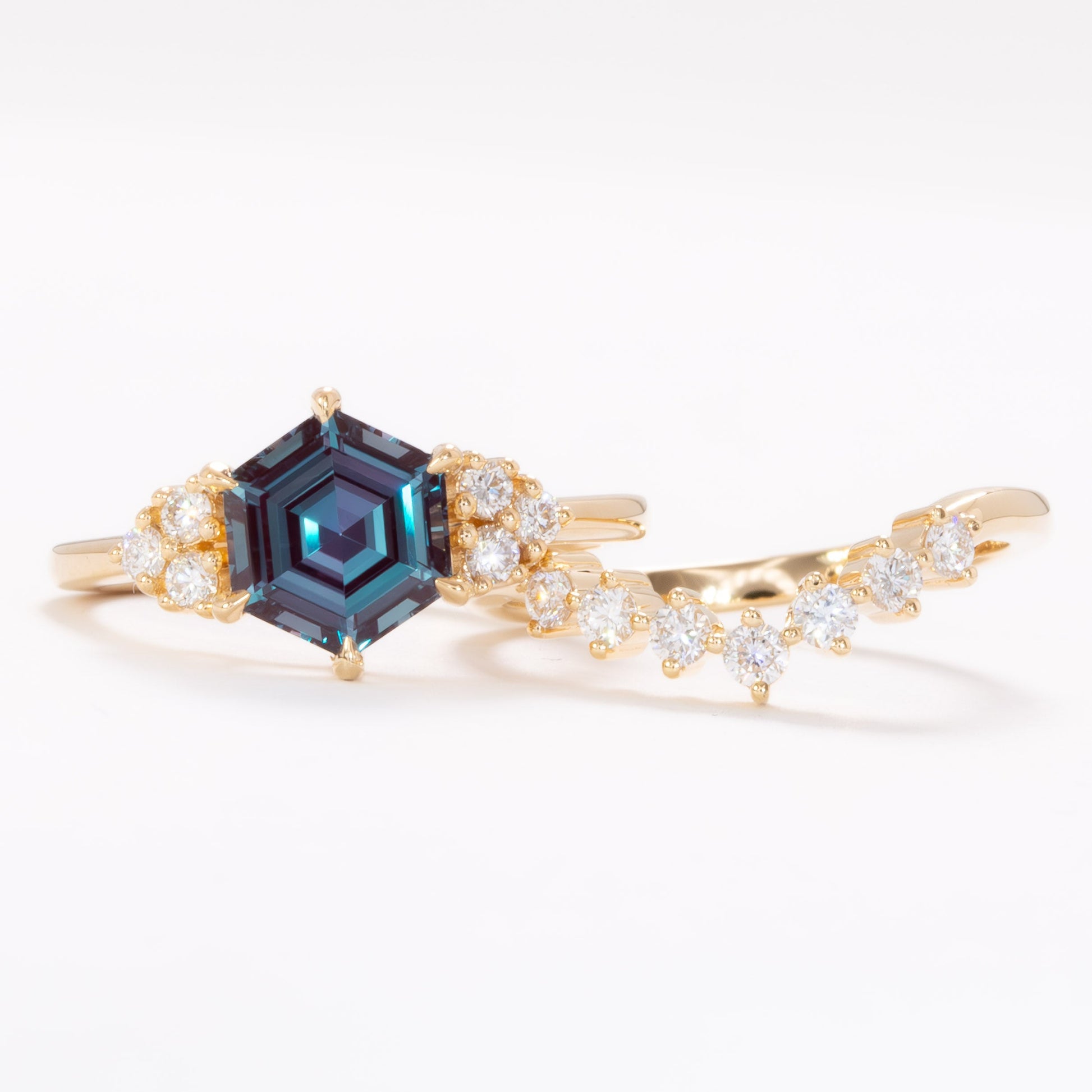 esilda wedding set with hex cut lab alexandrite