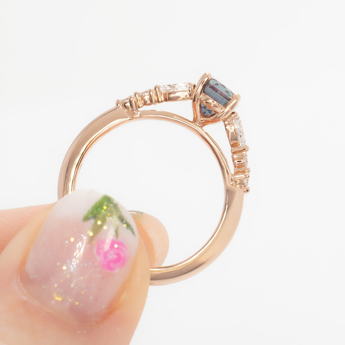 esme accented engagement ring in rose gold with oval lab alexandrite