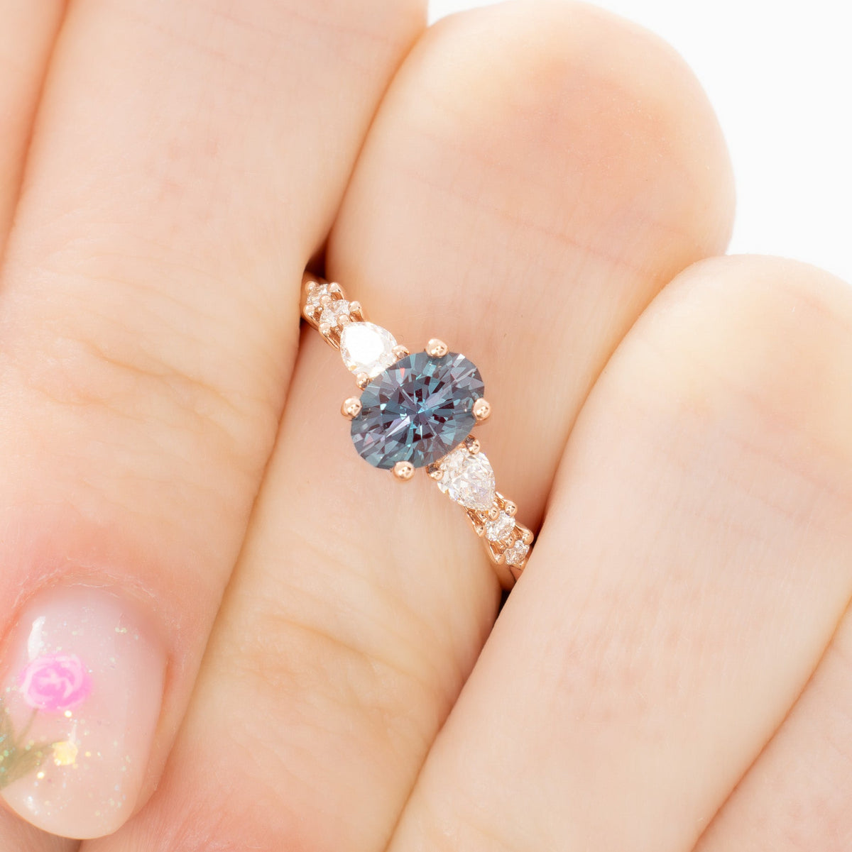 esme accented engagement ring in rose gold with oval lab alexandrite