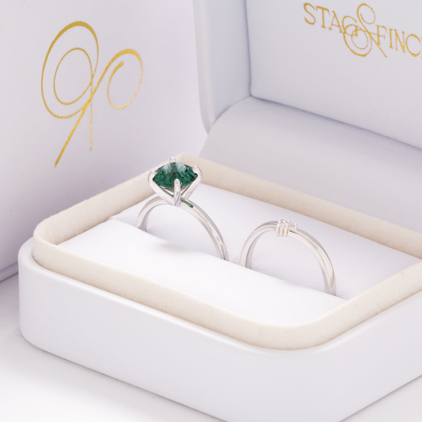 evie engagement ring with green lab sapphire round