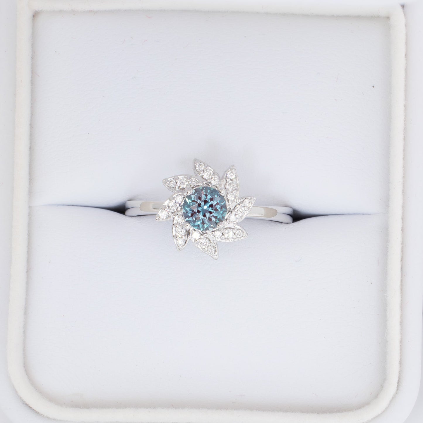 fern flower inspired ring with round lab alexandrite