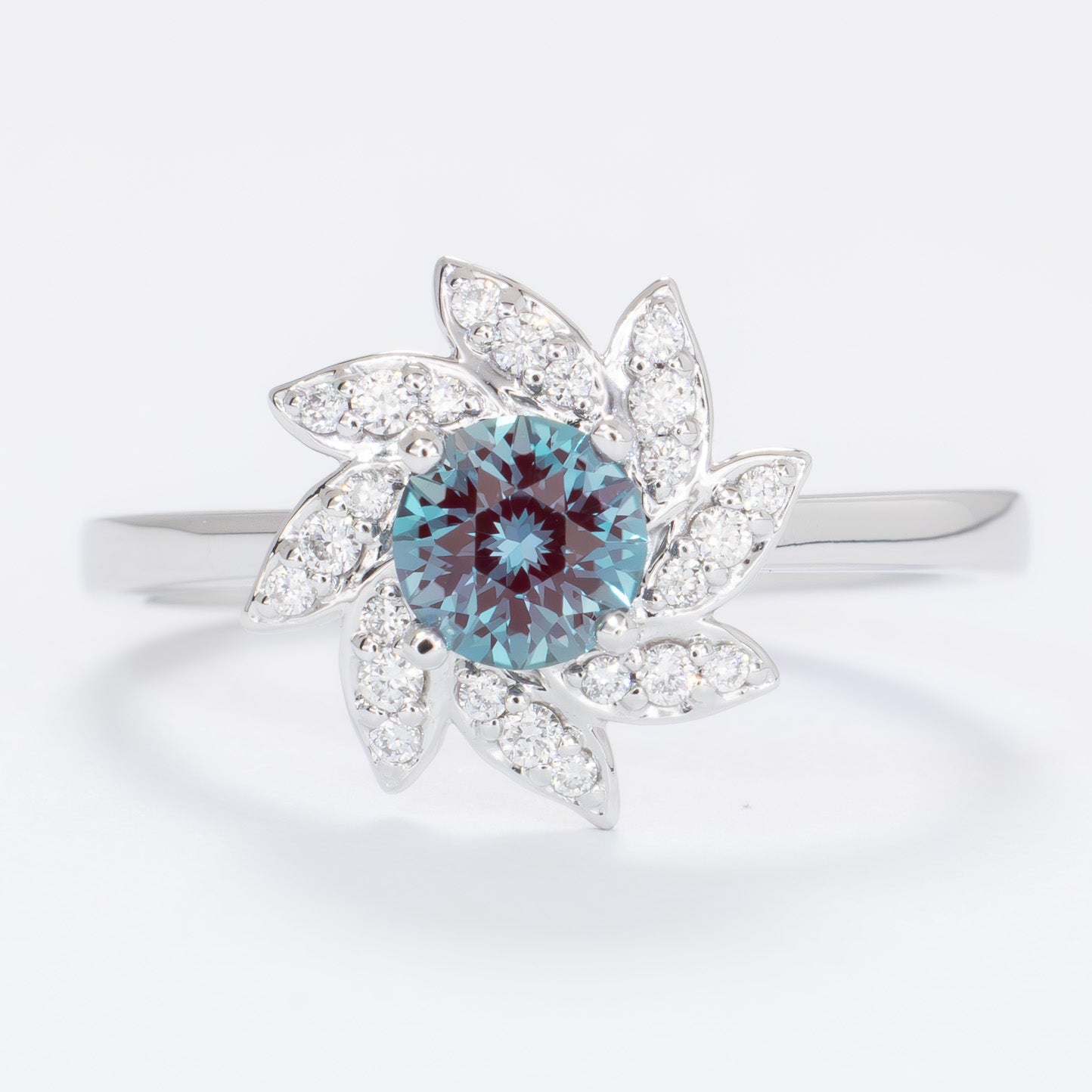 fern flower inspired ring with round lab alexandrite