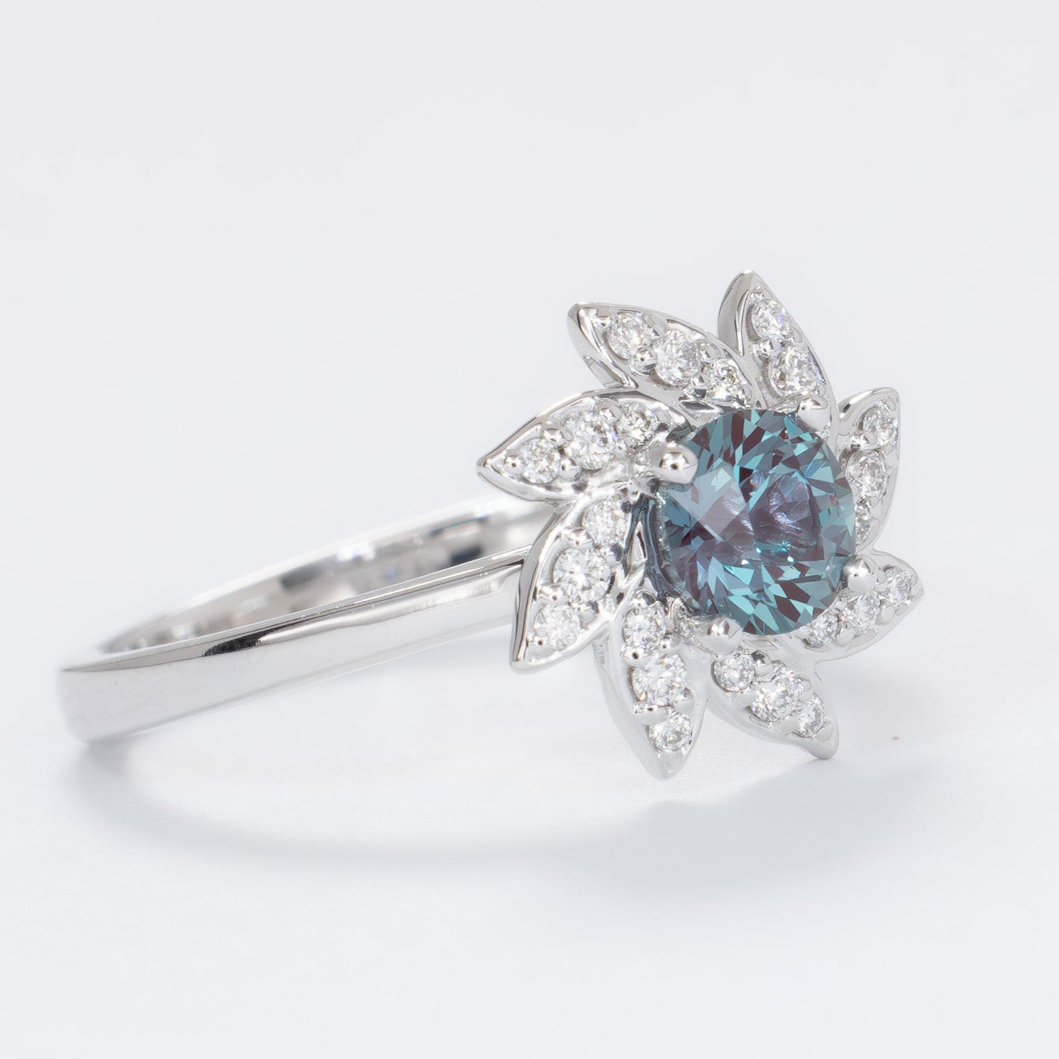 fern flower inspired ring with round lab alexandrite