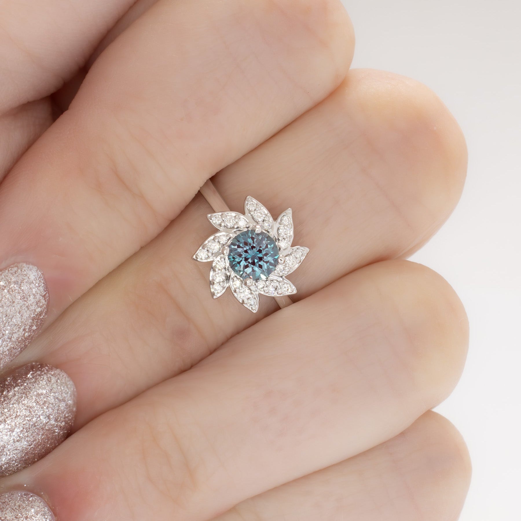 fern flower inspired ring with round lab alexandrite