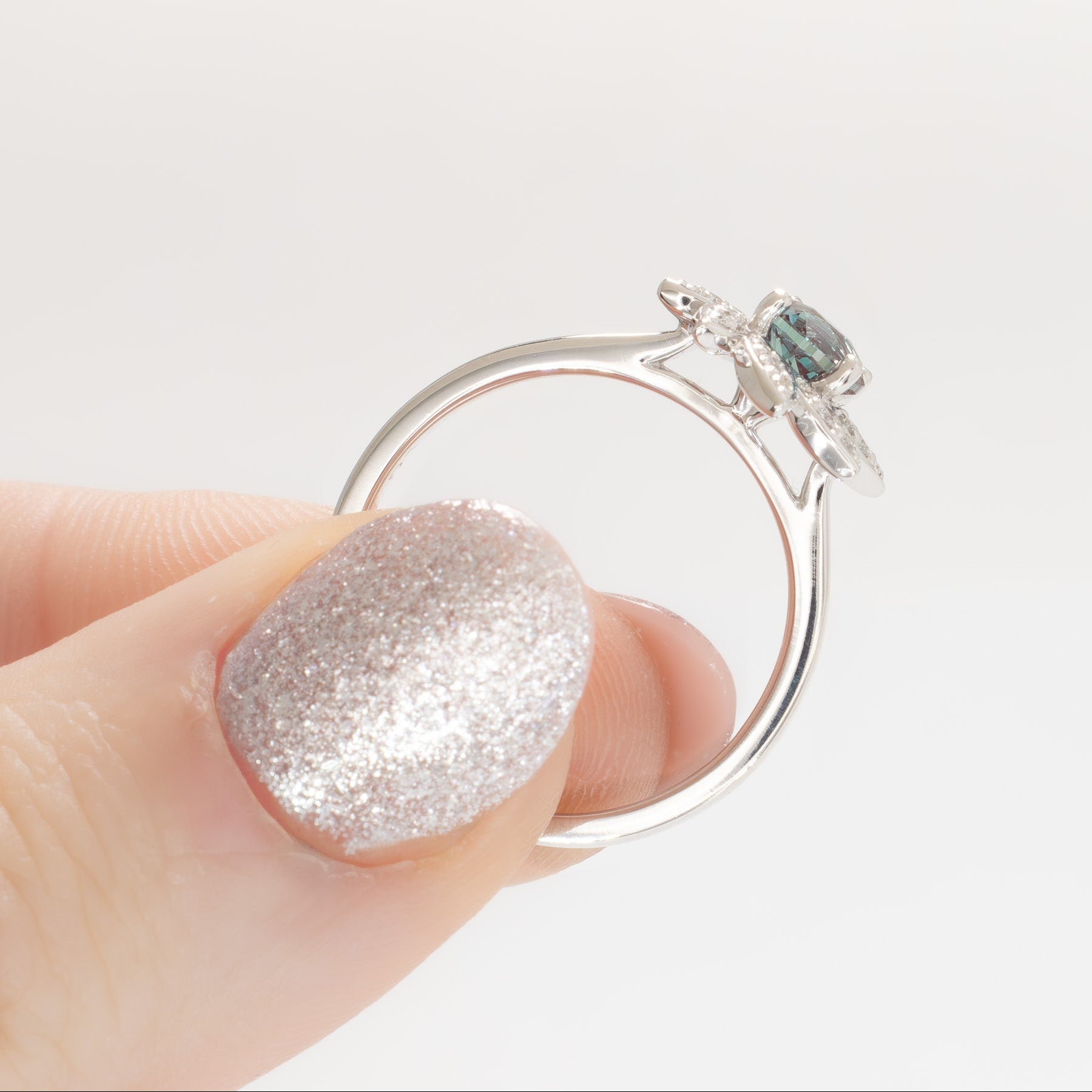 fern flower inspired ring with round lab alexandrite