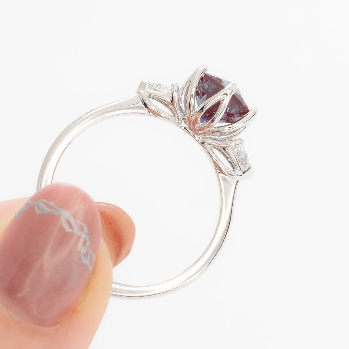 fiona three stone ring in white gold with hex cut lab alexandrite