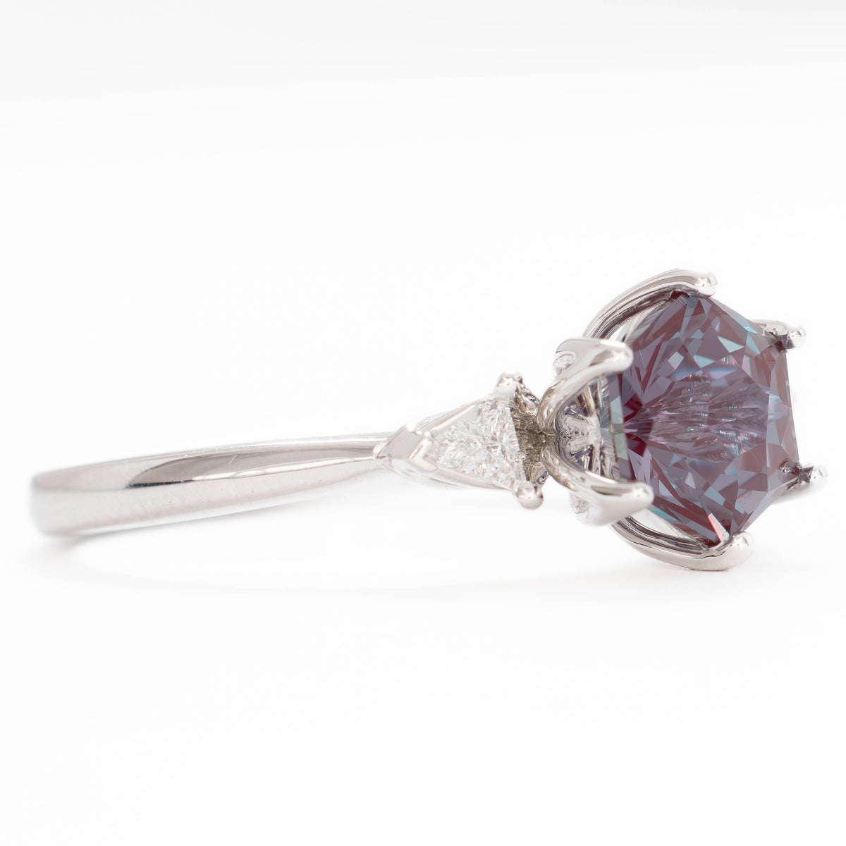 fiona three stone ring in white gold with hex cut lab alexandrite