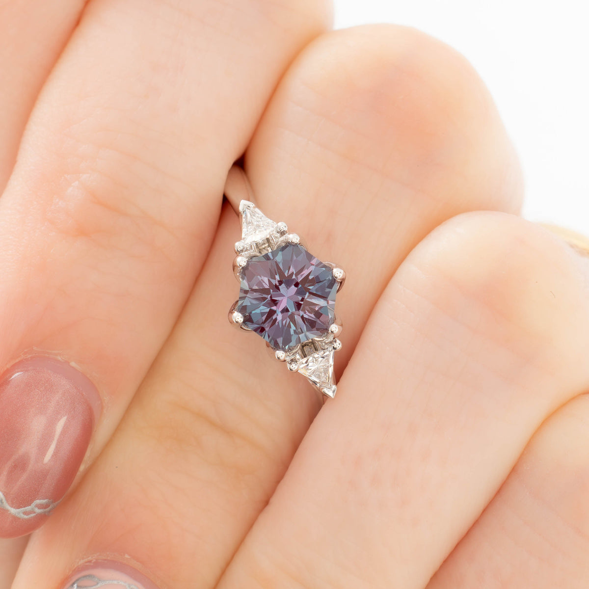 fiona three stone ring in white gold with hex cut lab alexandrite