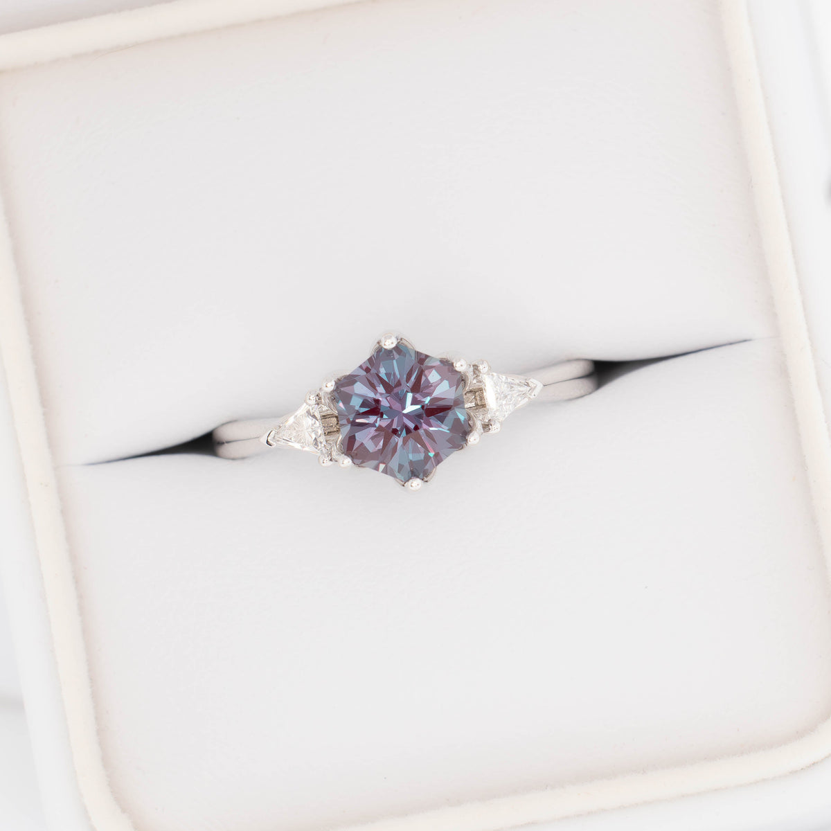 fiona three stone ring in white gold with hex cut lab alexandrite