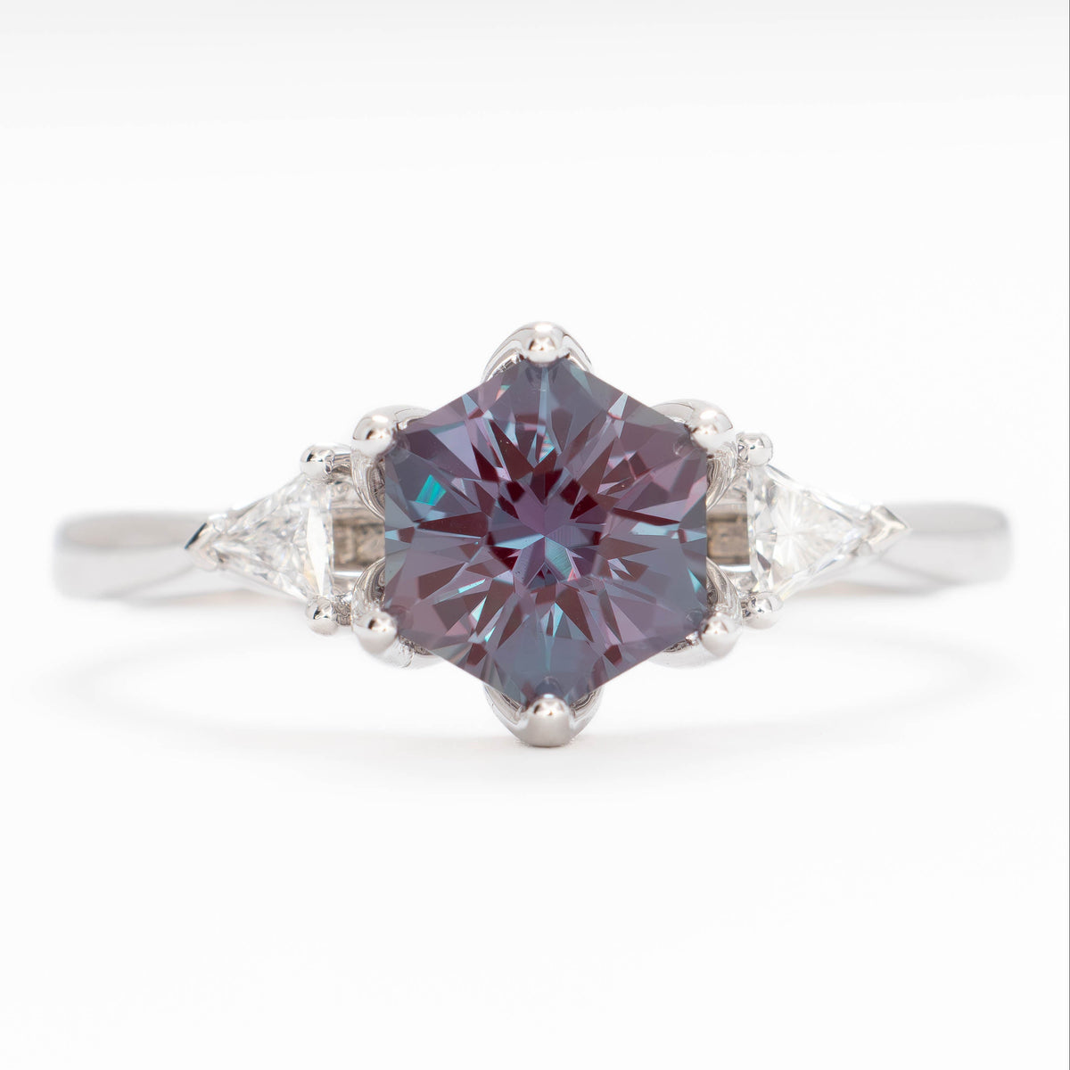 fiona three stone ring in white gold with hex cut lab alexandrite