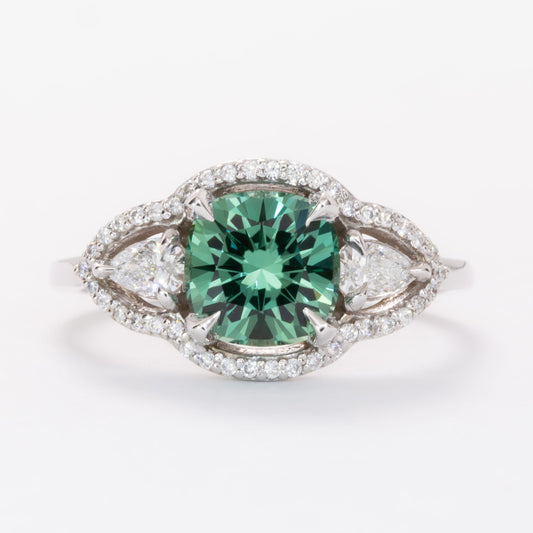 gayle three stone halo engagement ring with cushion green lab sapphire