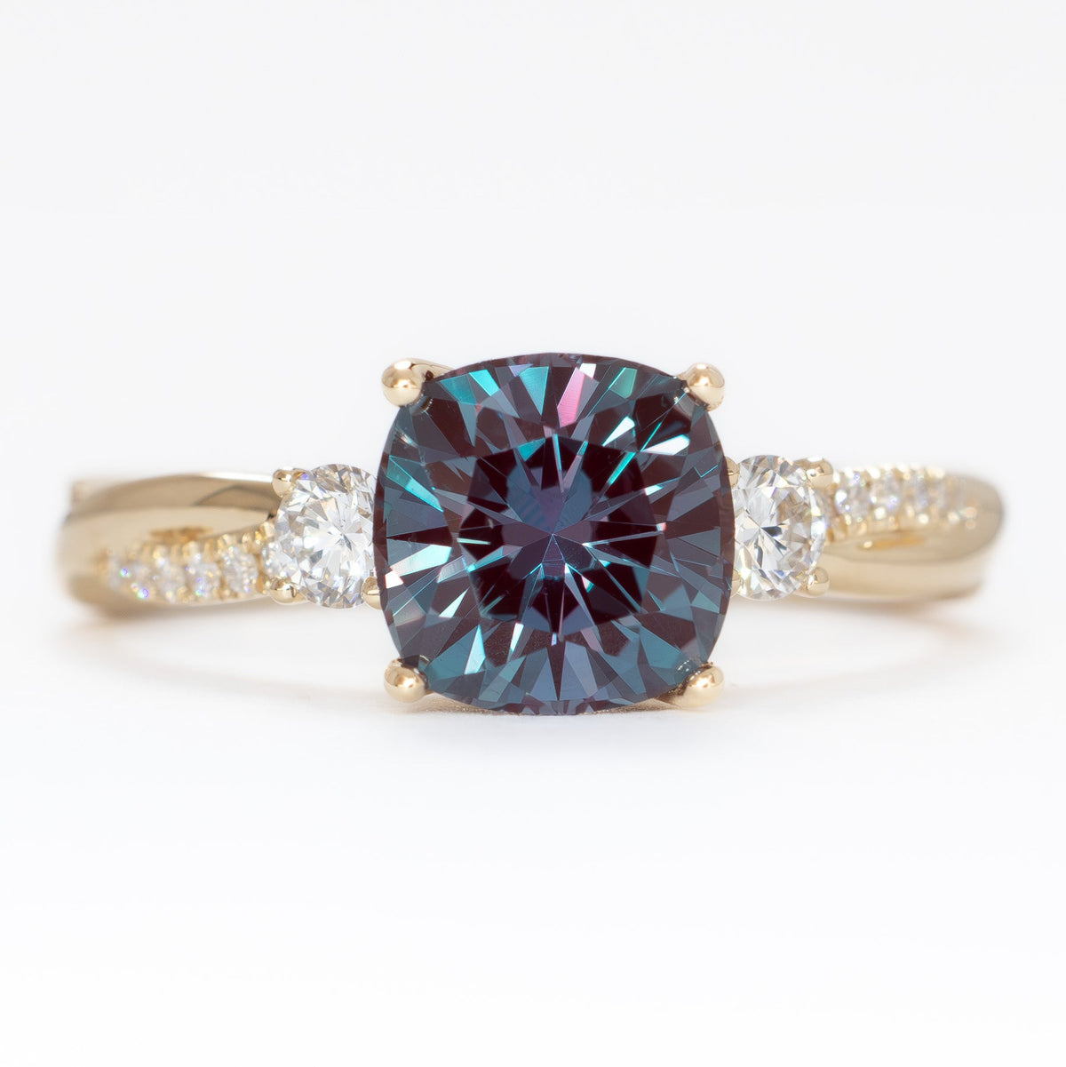 giselle accented three stone ring in yellow gold with cushion lab alexandrite