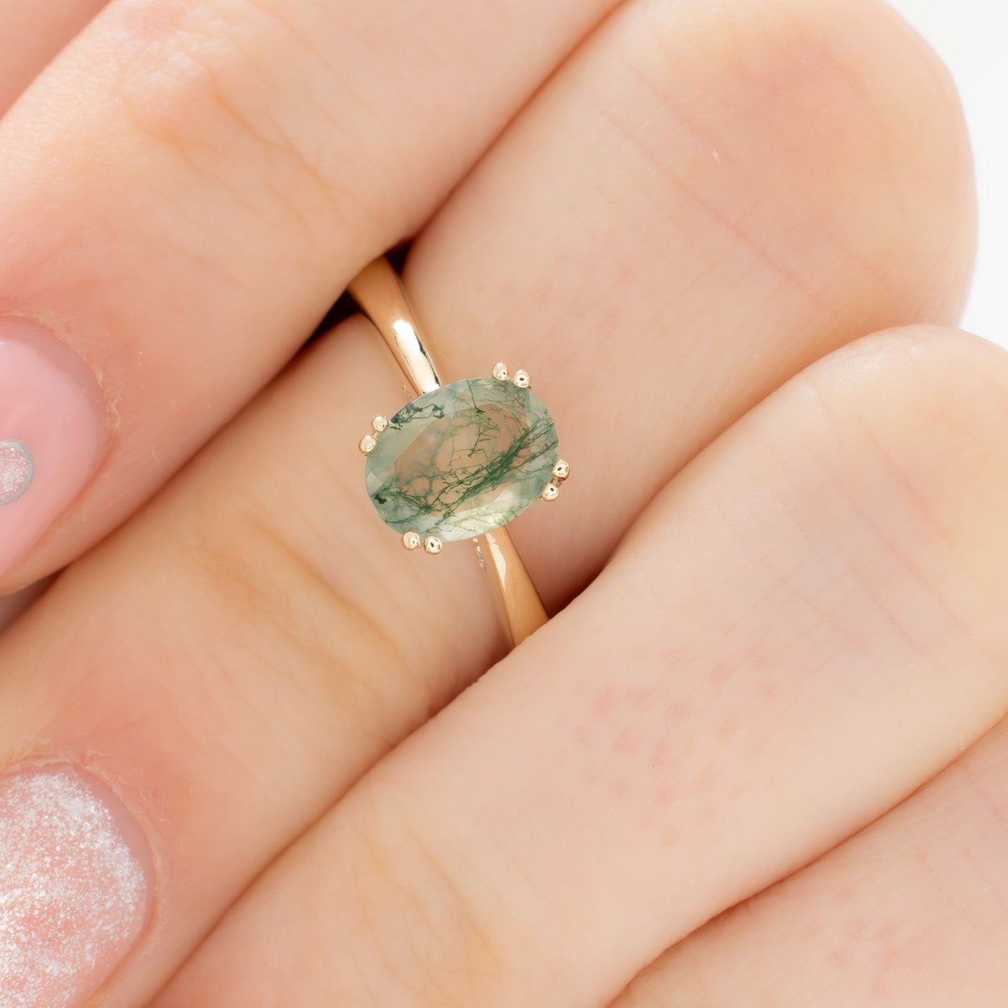 grace engagement ring with green moss agate oval