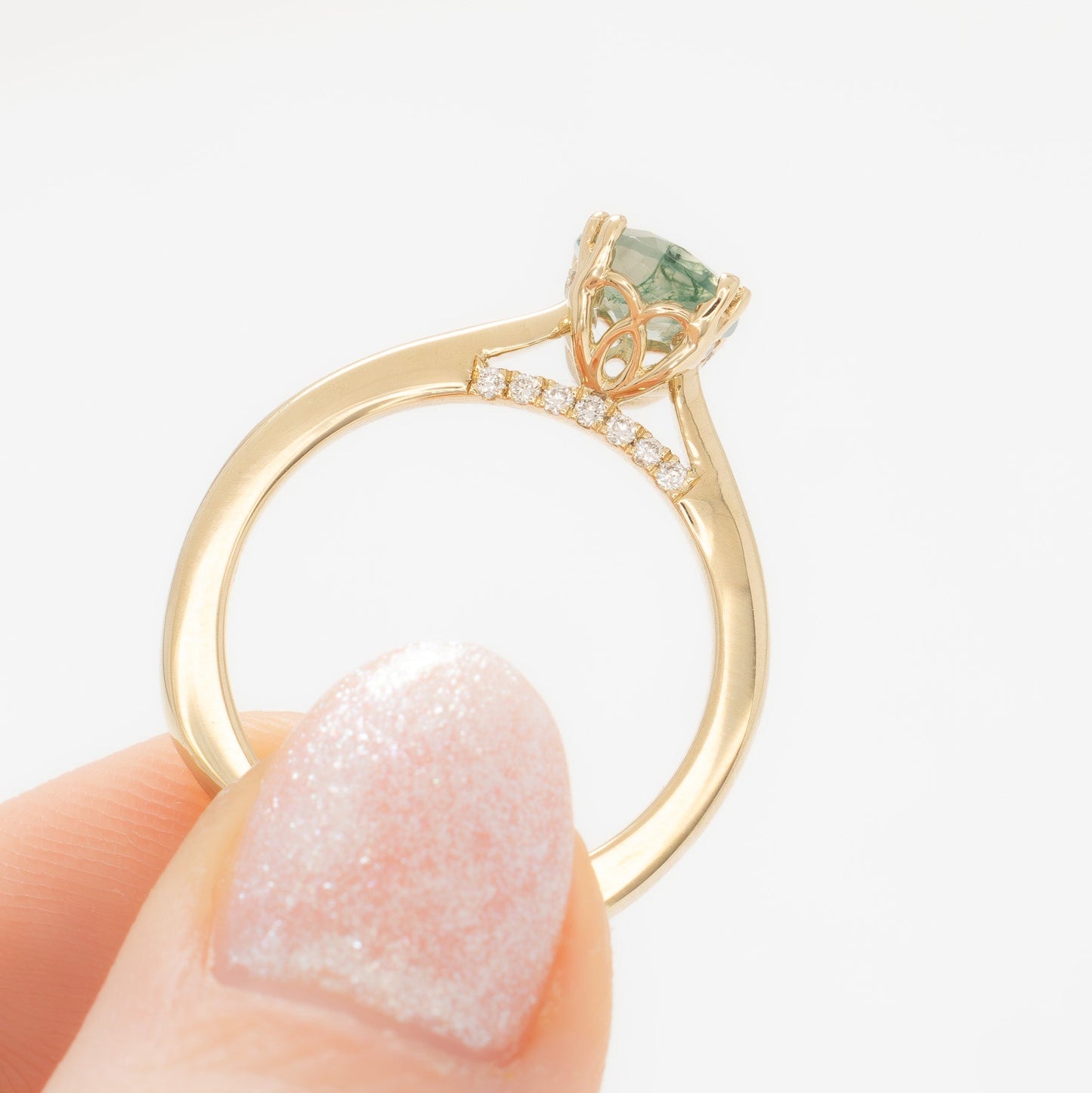 grace engagement ring with green moss agate oval