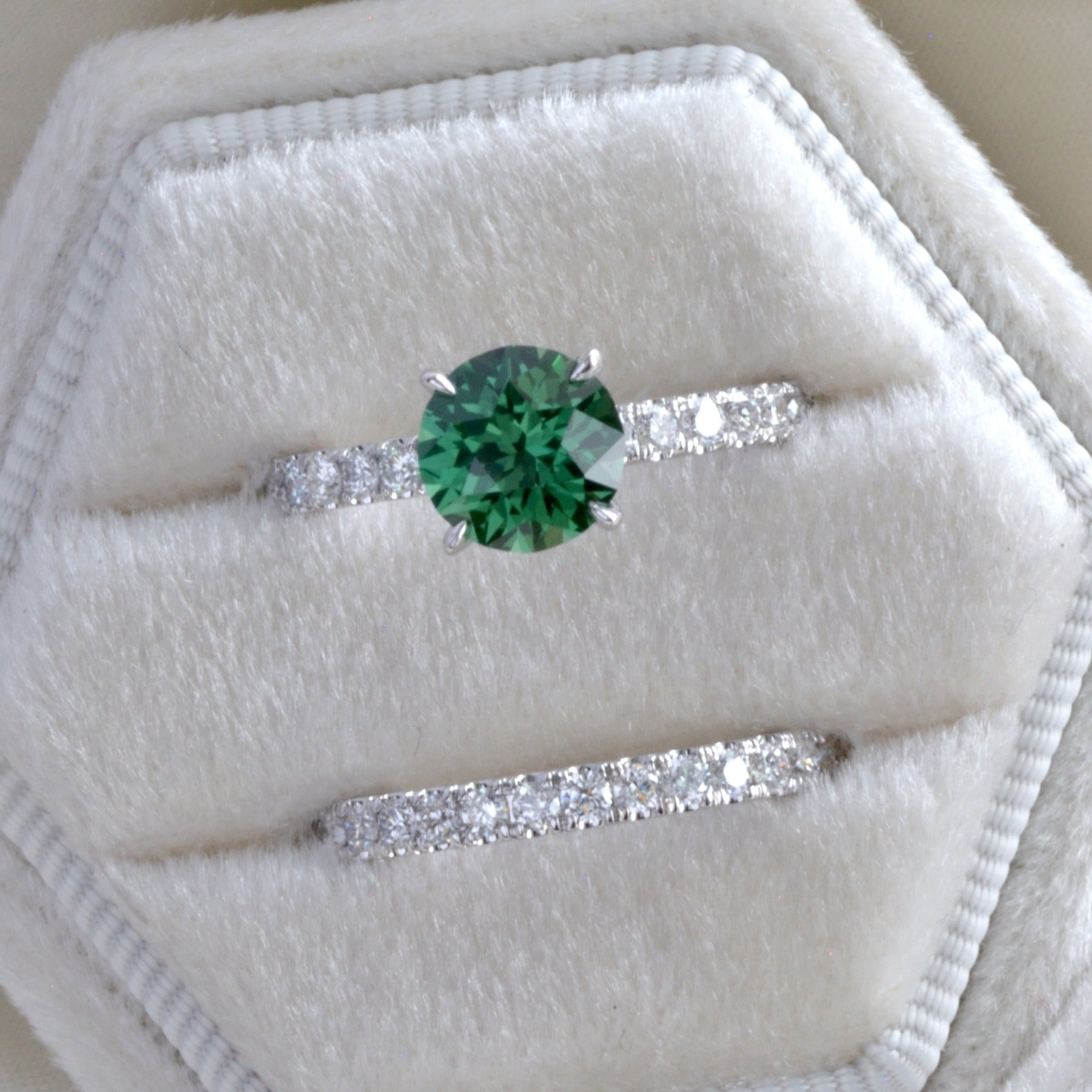 green lab sapphire engagement ring in white gold