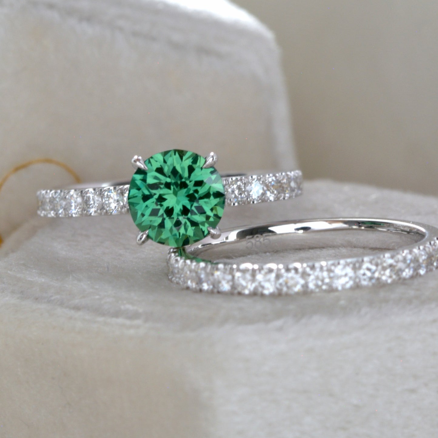 green lab sapphire engagement ring in white gold
