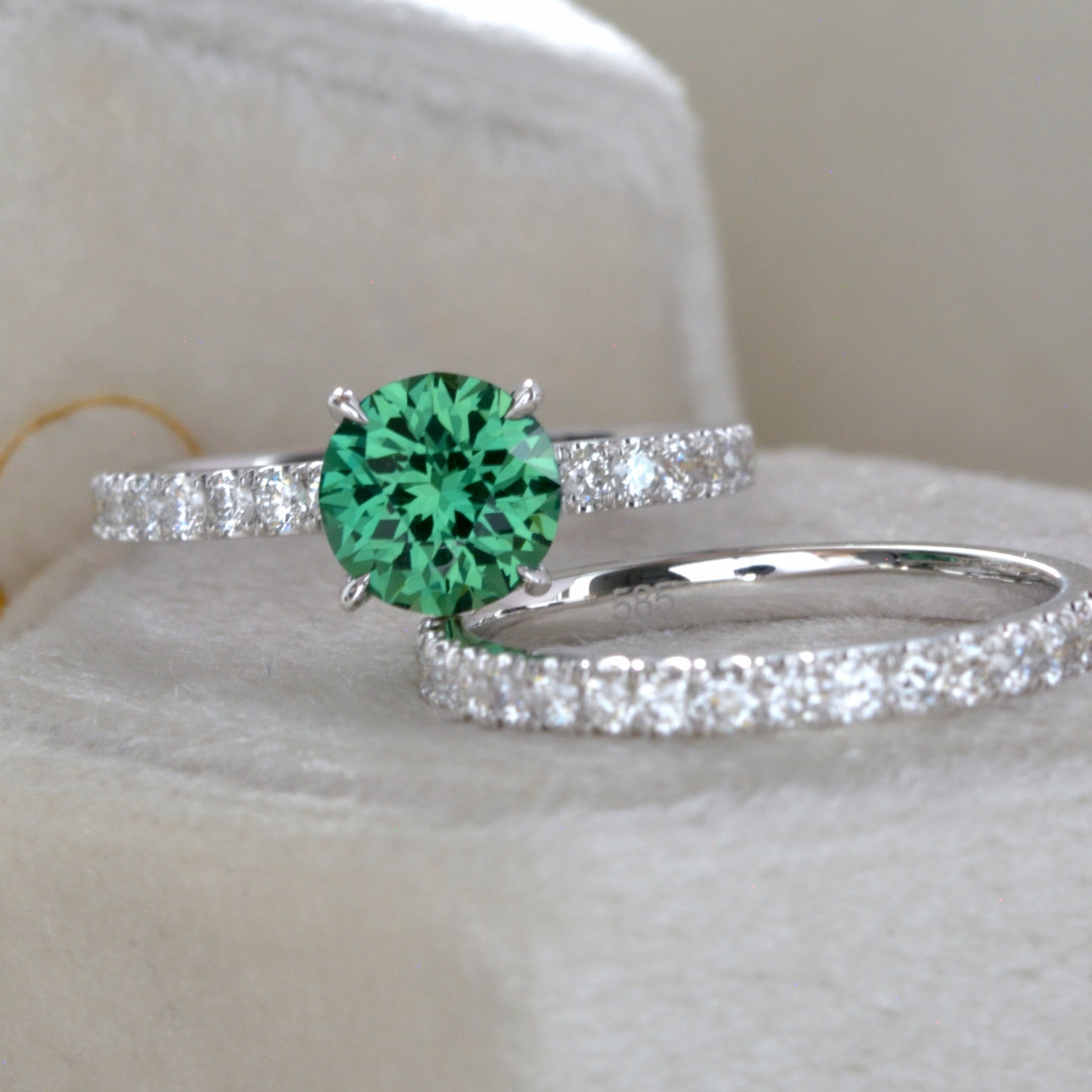 green lab sapphire engagement ring in white gold