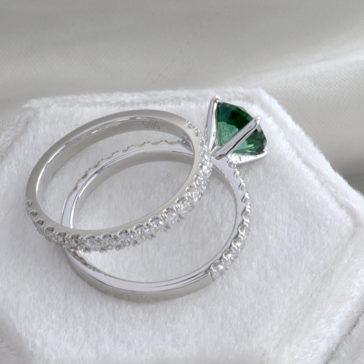 green lab sapphire engagement ring in white gold