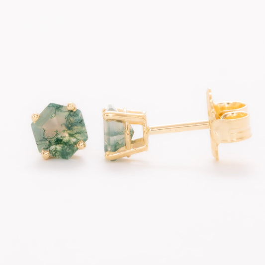 green moss agate earrings in yellow gold