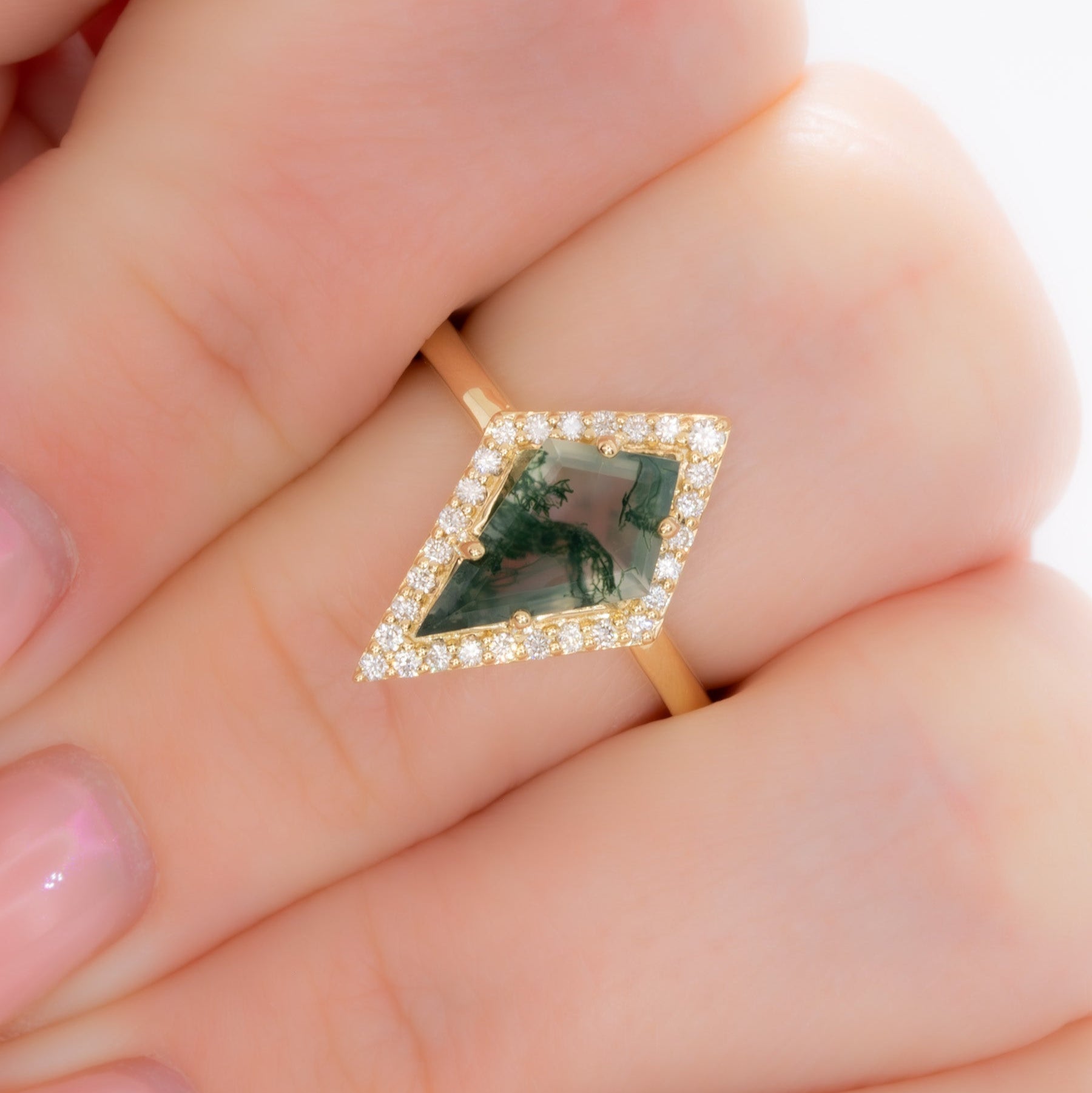 green moss agate kite halo ring in yellow gold