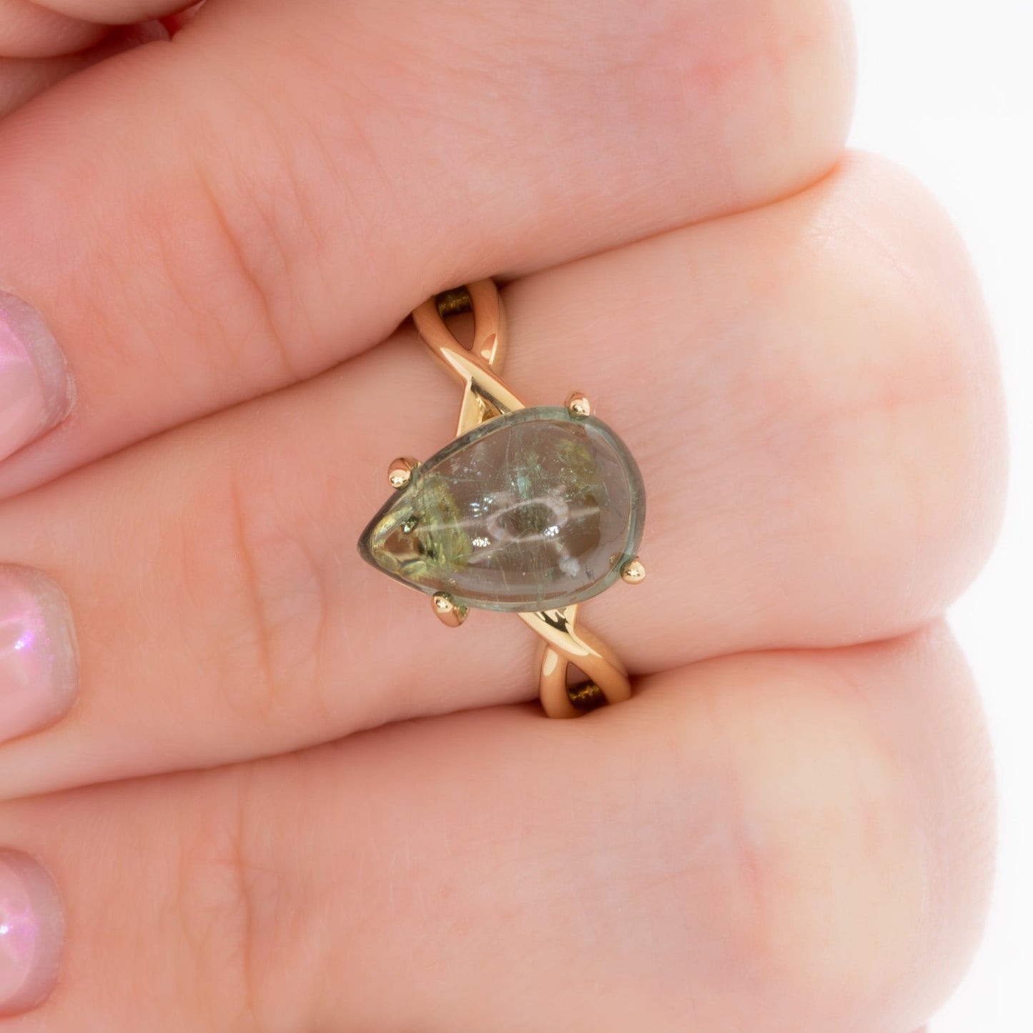 green tourmaline pear cabochon ring