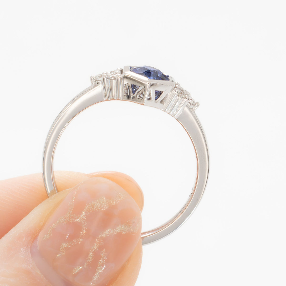 hanna bezel accented ring in white gold with royal blue lab sapphire hex