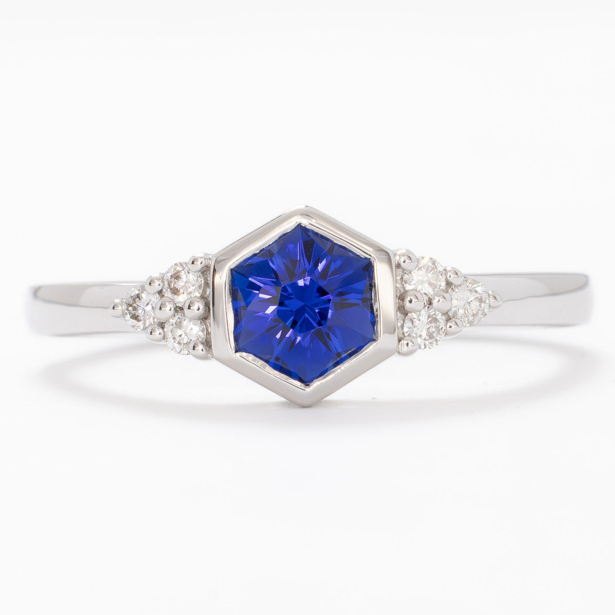 hanna bezel accented ring in white gold with royal blue lab sapphire hex