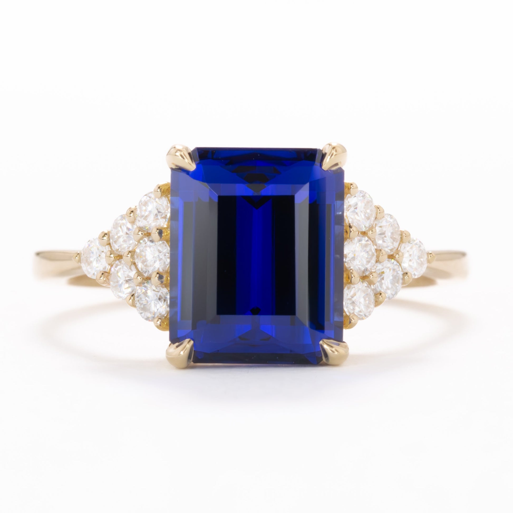 hayden engagement ring with royal blue lab sapphire step cut