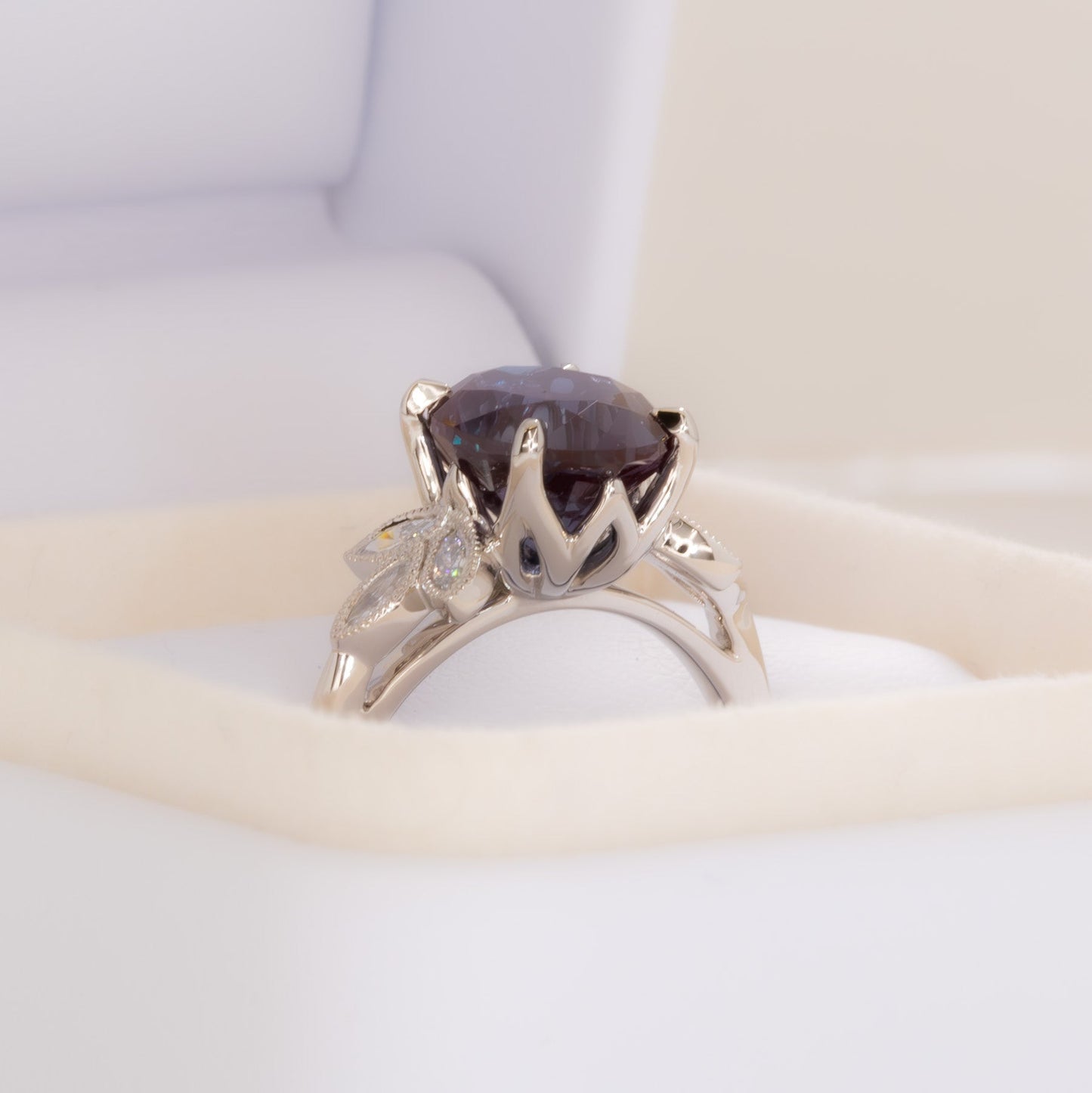 honey nature inspired engagement ring with oval lab alexandrite