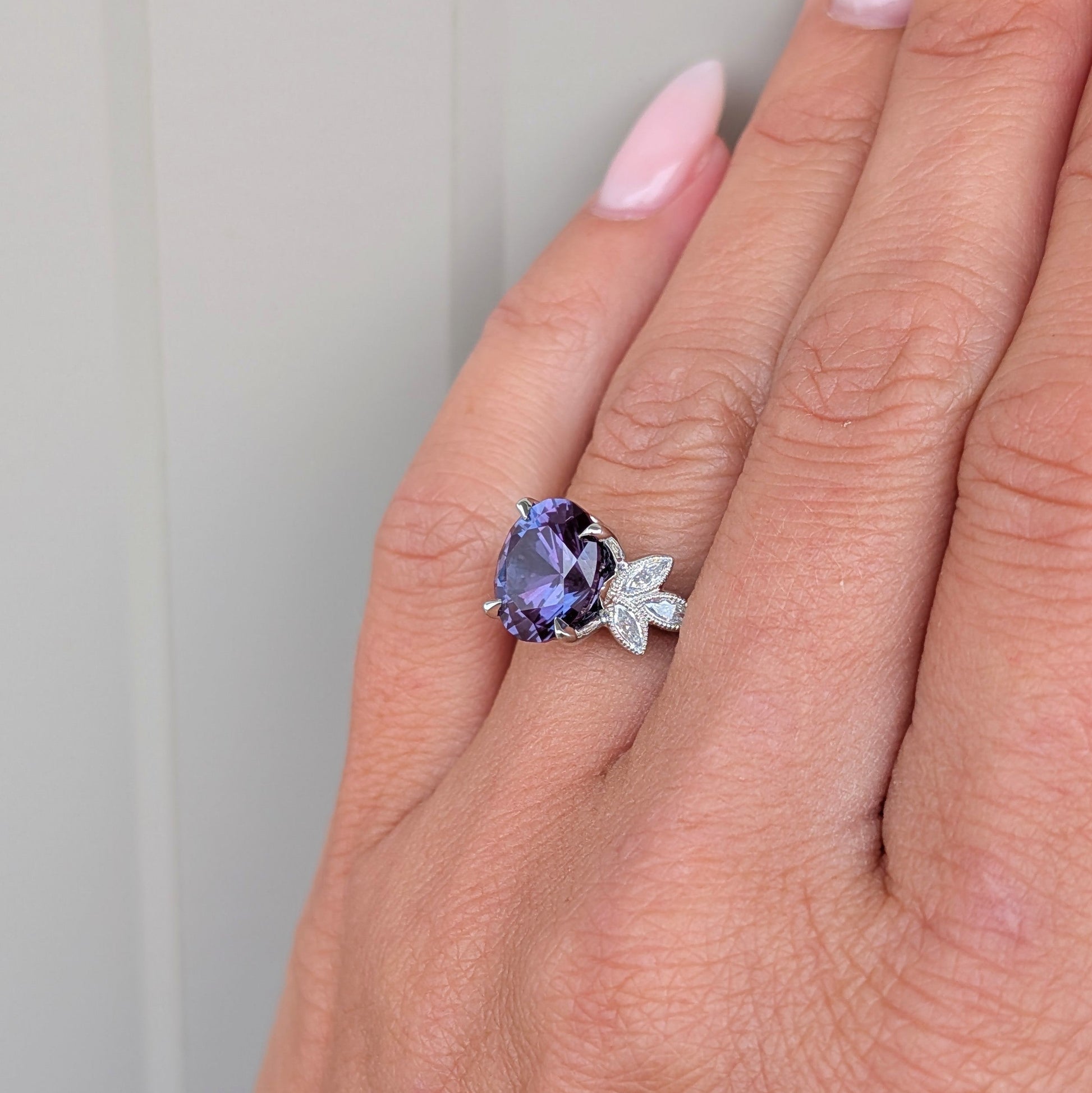 honey nature inspired engagement ring with oval lab alexandrite