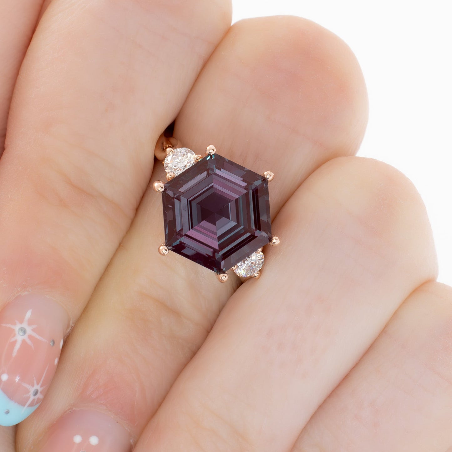 ines engagement ring with 11mm hex cut lab alexandrite