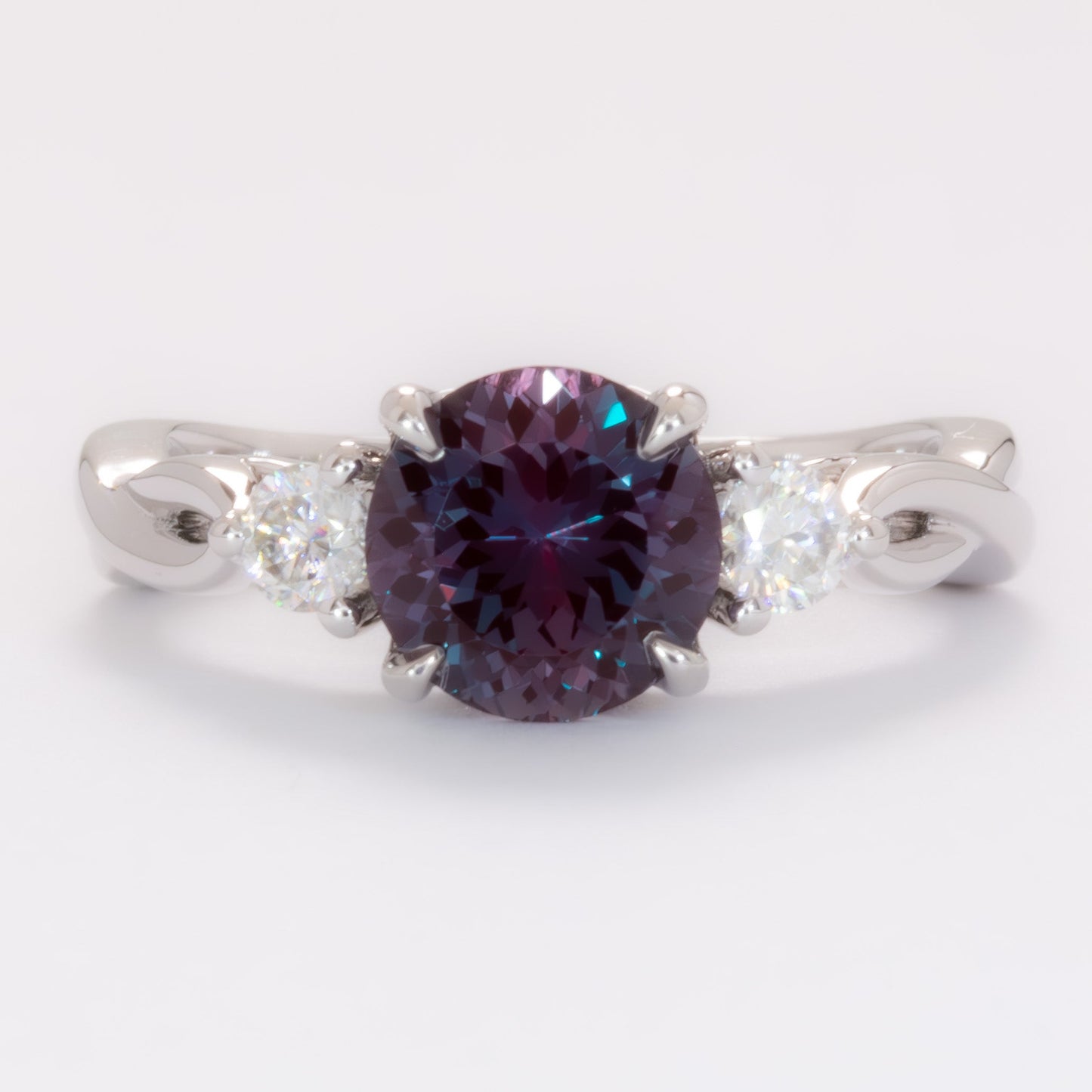 ines three stone engagement ring in white gold with round lab alexandrite