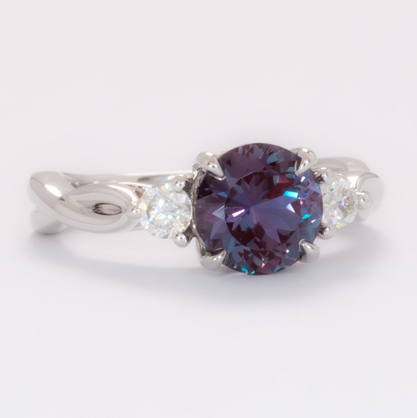 ines three stone engagement ring in white gold with round lab alexandrite