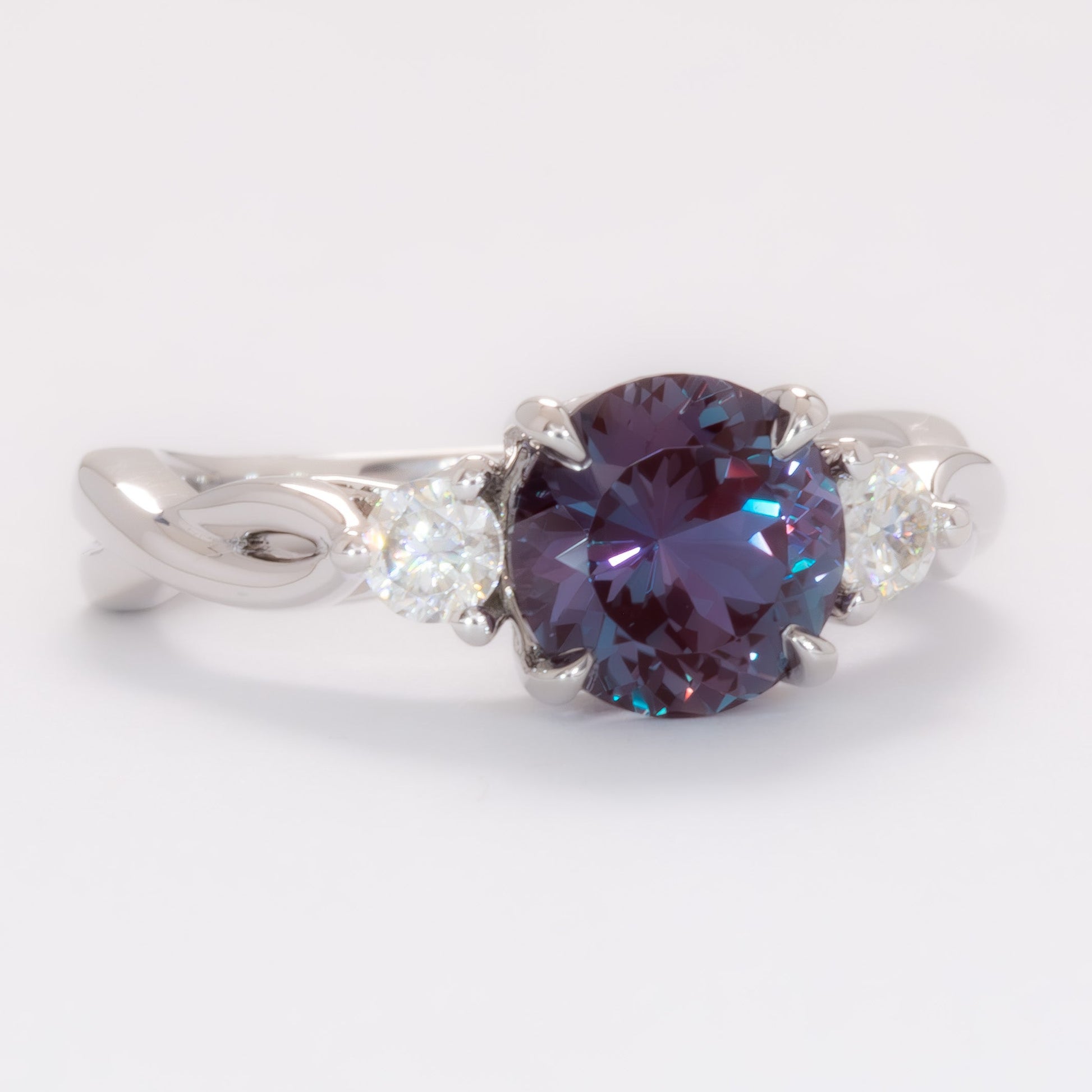 ines three stone engagement ring in white gold with round lab alexandrite