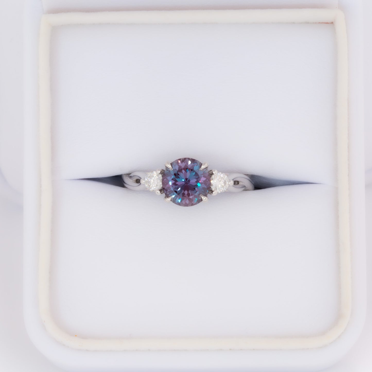 ines three stone engagement ring in white gold with round lab alexandrite