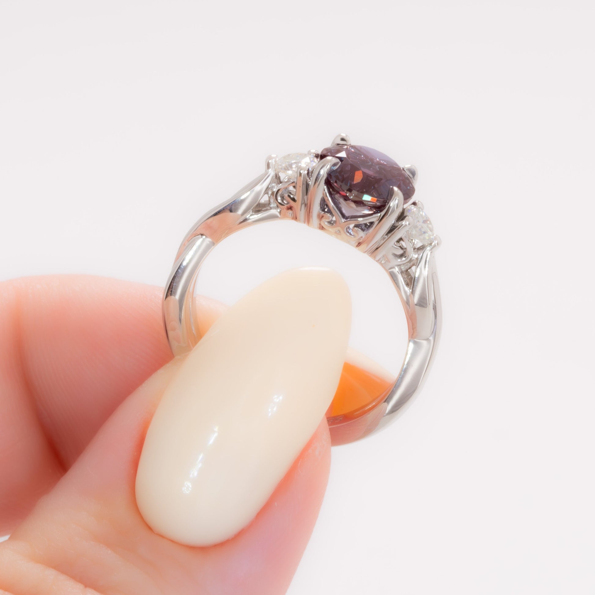 ines three stone engagement ring in white gold with round lab alexandrite