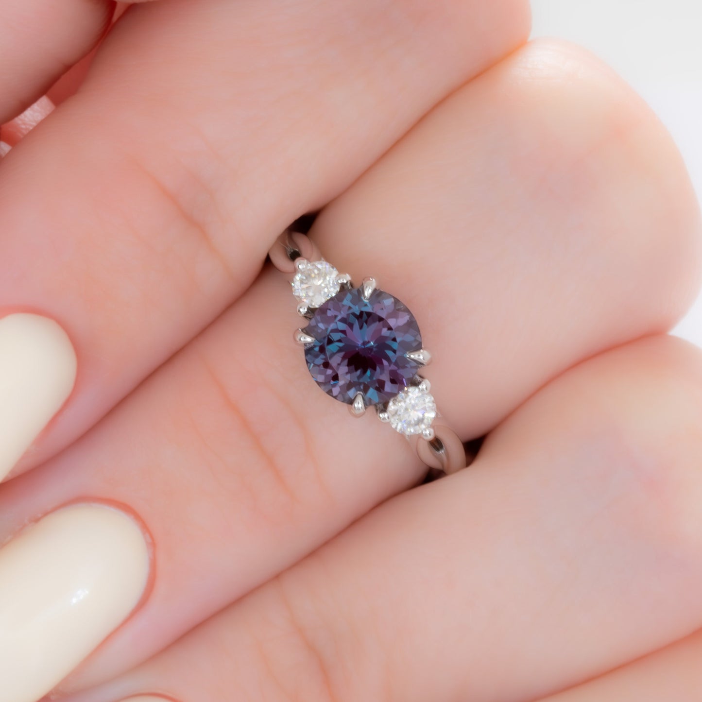 ines three stone engagement ring in white gold with round lab alexandrite