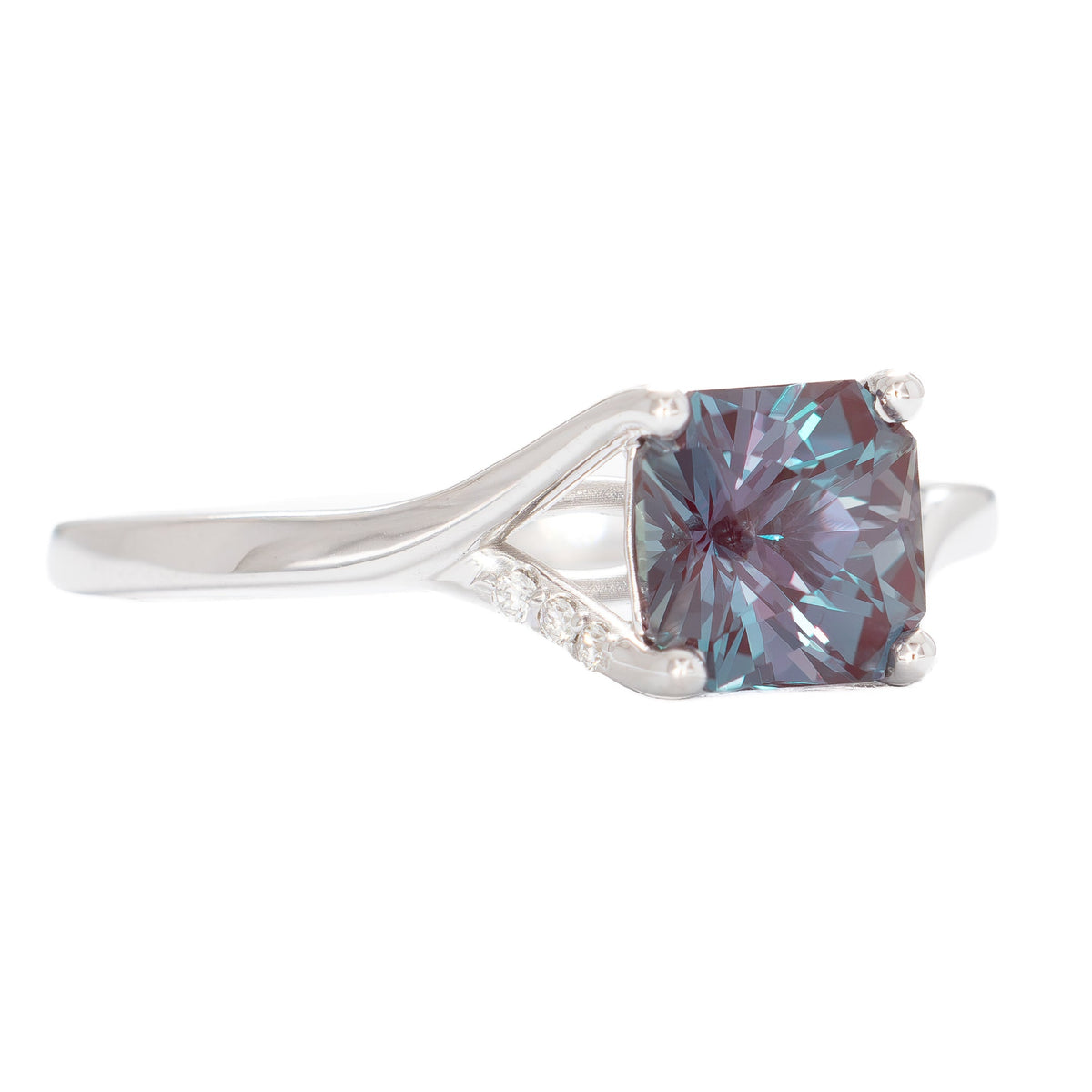 jada split shank solitaire in white gold with asscher lab alexandrite
