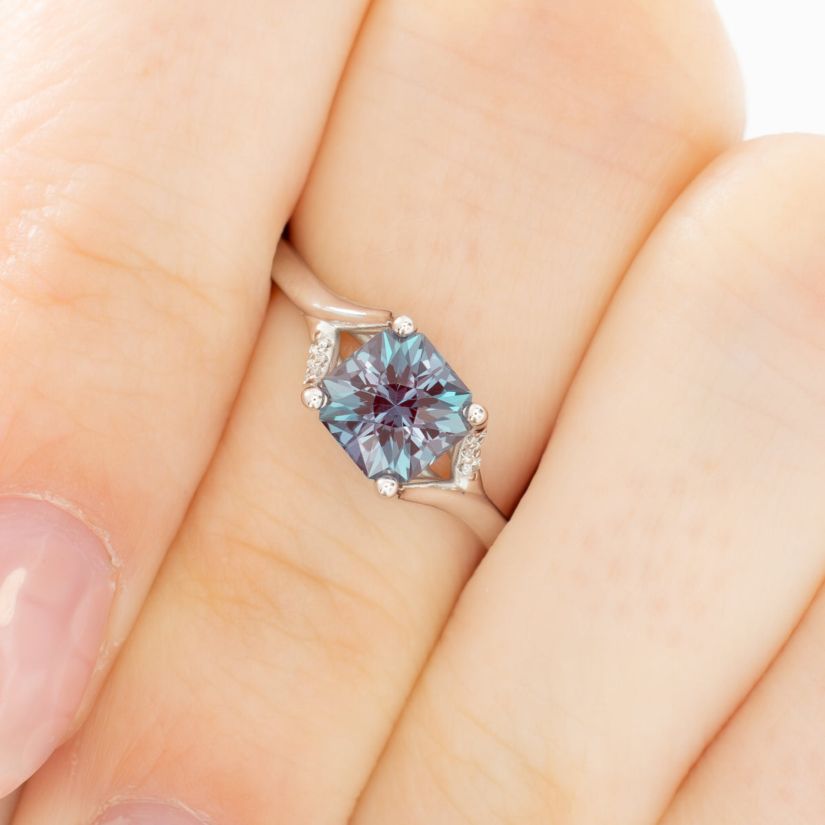 jada split shank solitaire in white gold with asscher lab alexandrite