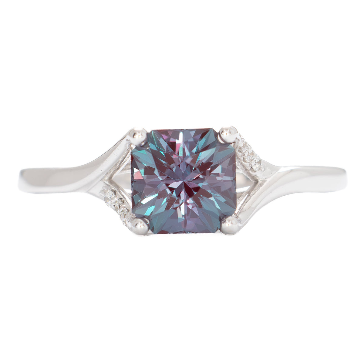 jada split shank solitaire in white gold with asscher lab alexandrite