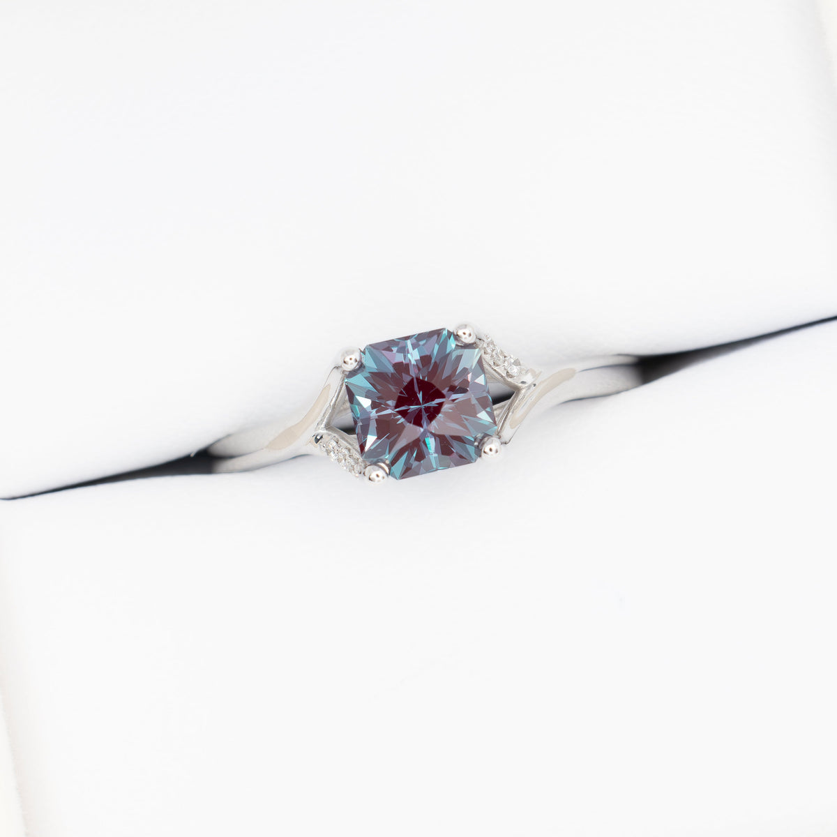 jada split shank solitaire in white gold with asscher lab alexandrite