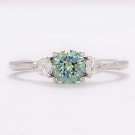 josie three stone ring with round blue-green montana sapphire