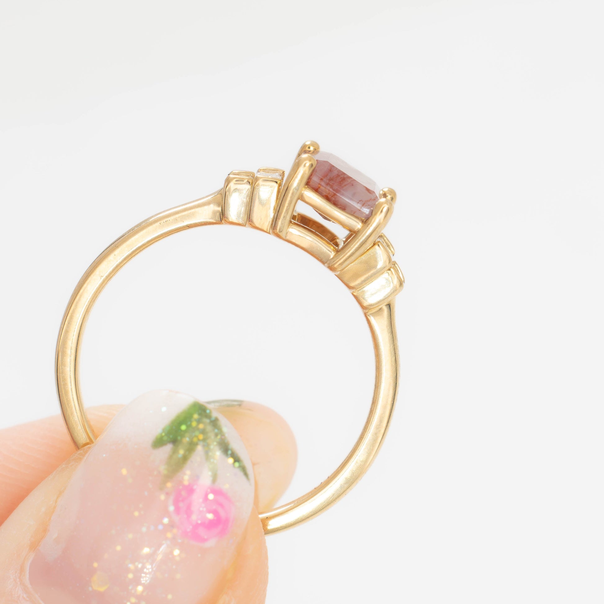 journey ring with step cut red moss agate in yellow gold